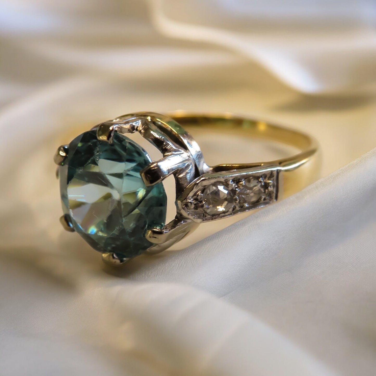 Old Cut Blue Zircon Ring in Platinum and 18K