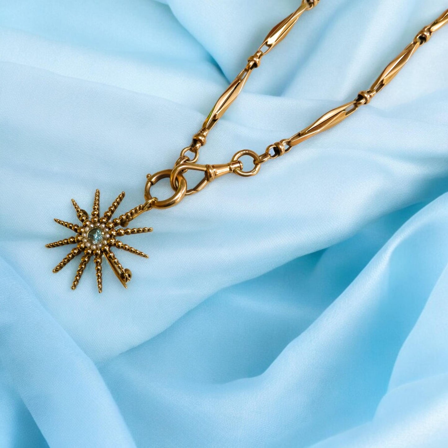 Antique Starburst Pendant/Brooch with Blue Zircon and Pearls