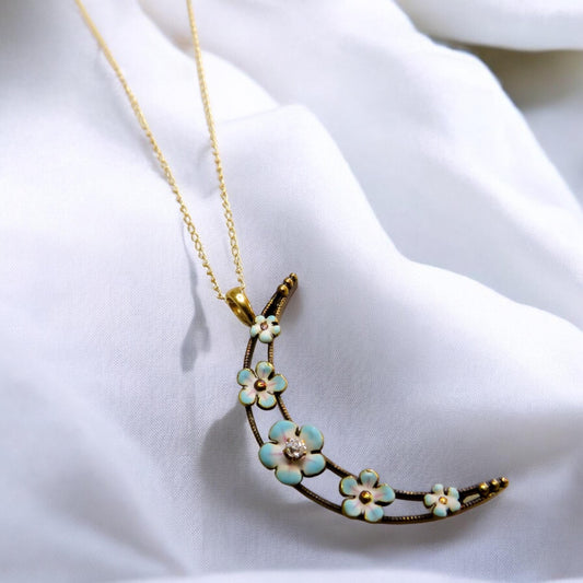 Art Nouveau Crescent Necklace with Old Mine Cut Diamond