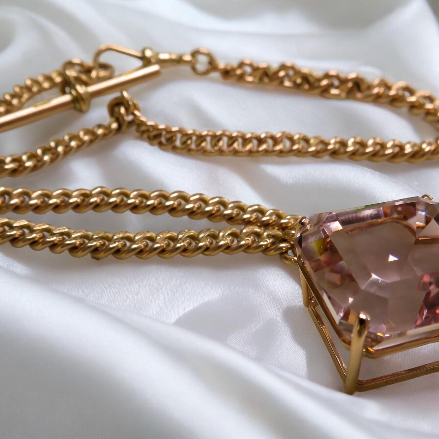 Spectacular Kunzite and Rose Gold Necklace Antique Watch Chain