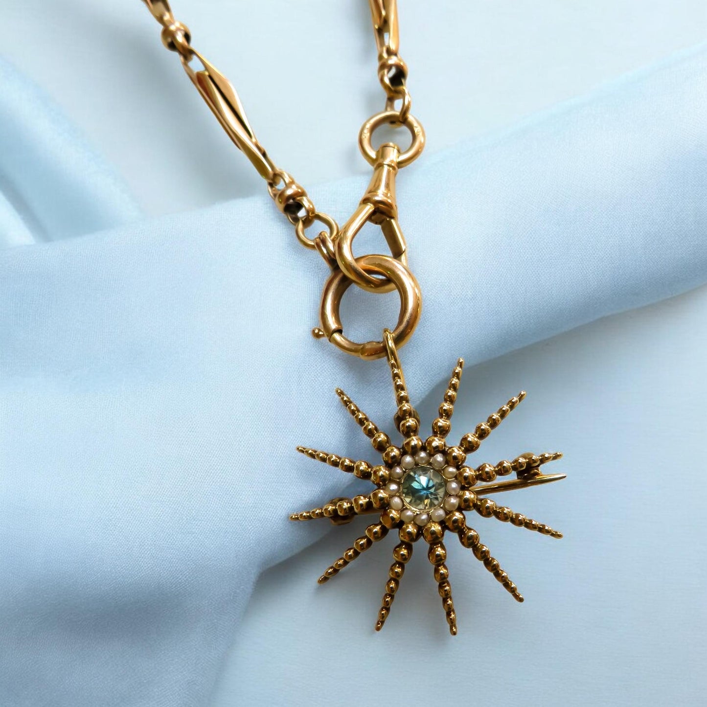 Antique Starburst Pendant/Brooch with Blue Zircon and Pearls