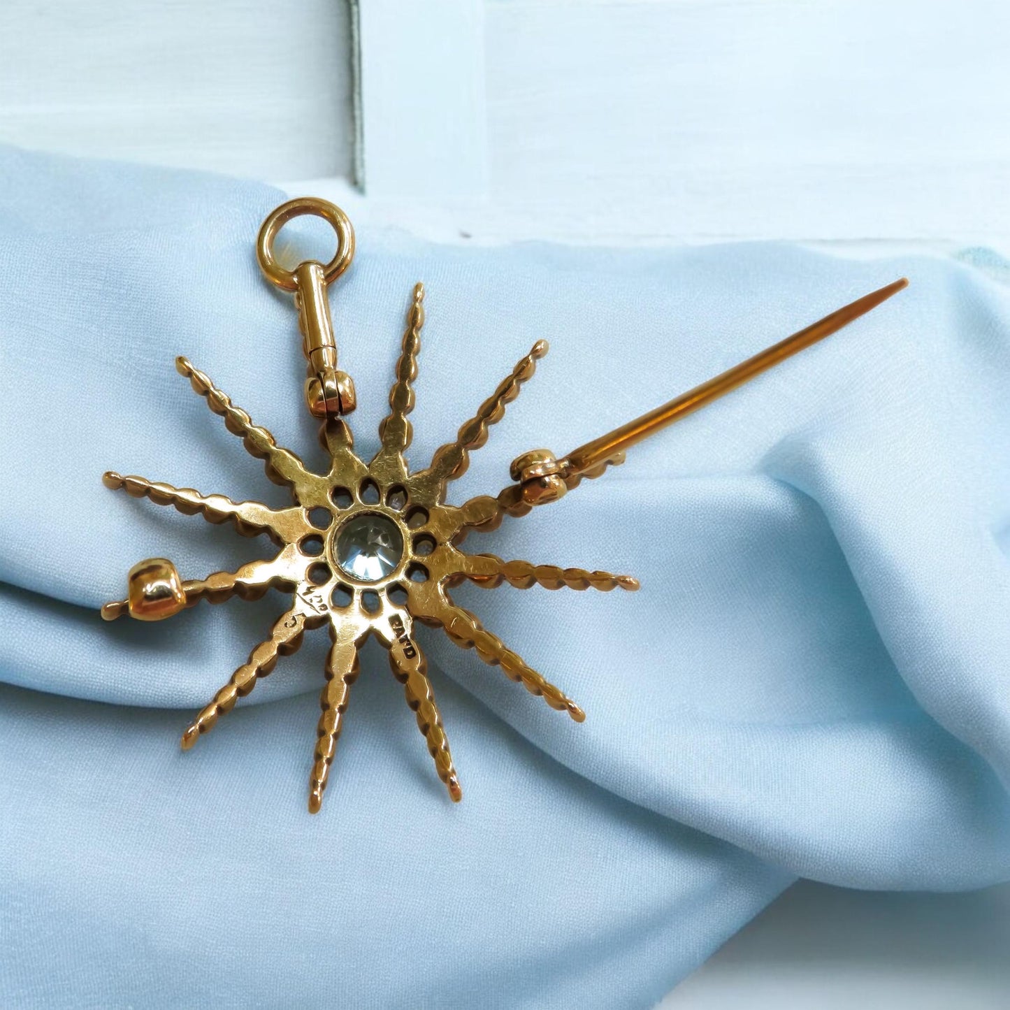 Antique Starburst Pendant/Brooch with Blue Zircon and Pearls