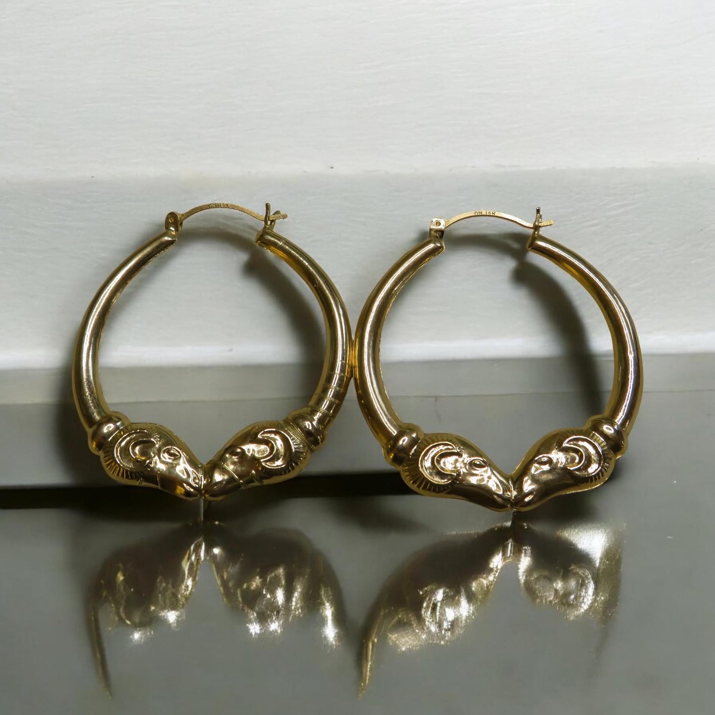 Rams Head 14K Yellow Gold Hoop Earrings Large