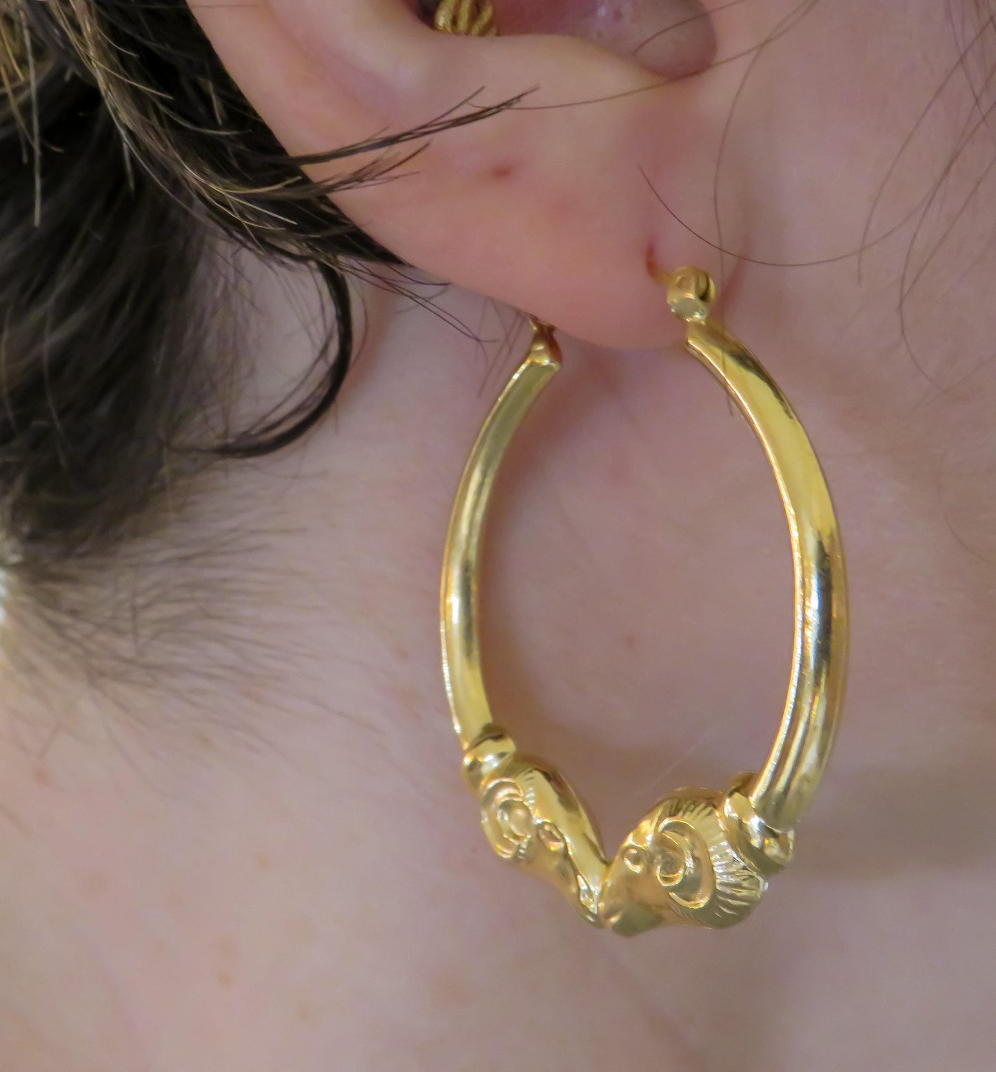 Rams Head 14K Yellow Gold Hoop Earrings Large