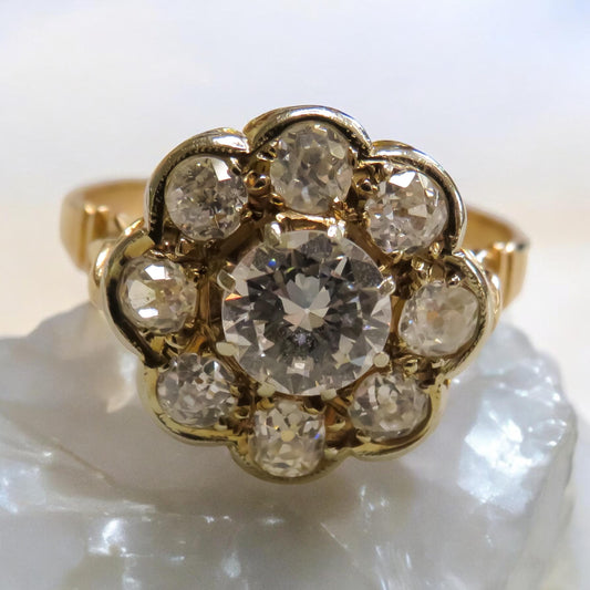 Old European and Old Mine Cut Diamond Cluster Ring French Antique