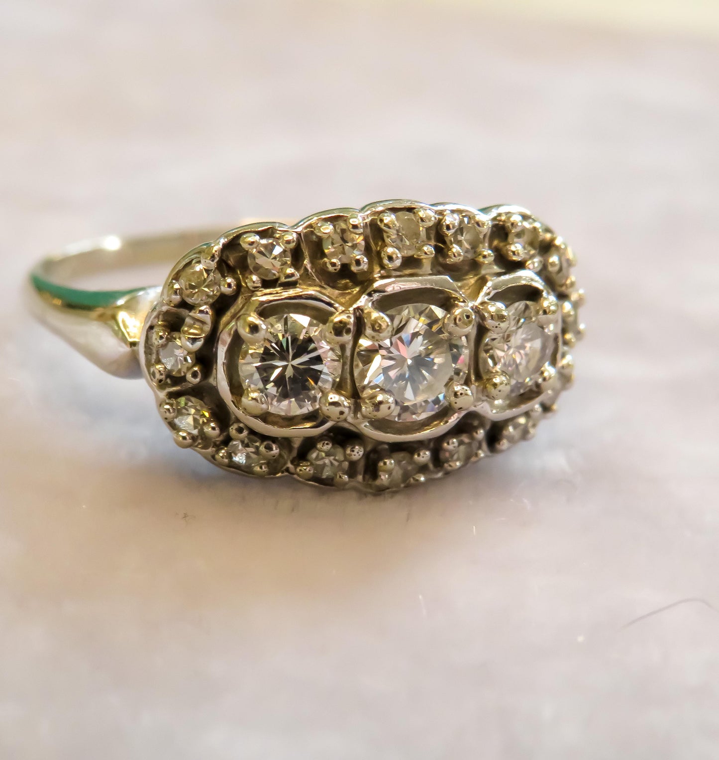 Diamond Saddle Ring Midcentury Vintage 14K White Gold