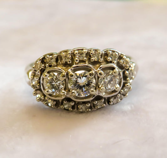 Diamond Saddle Ring Midcentury Vintage 14K White Gold