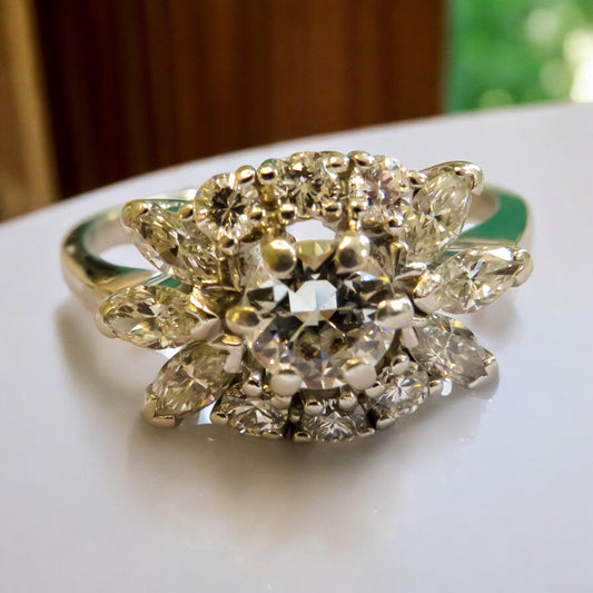 Midcentury Diamond Cluster Engagement Ring Vintage Transitional Cut