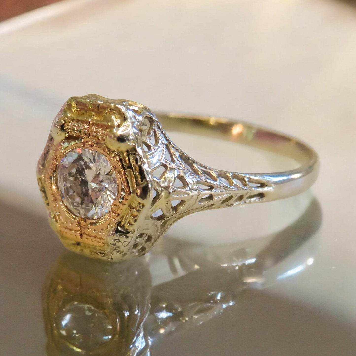 Art Deco Diamond Shield Ring in Tri Color Gold