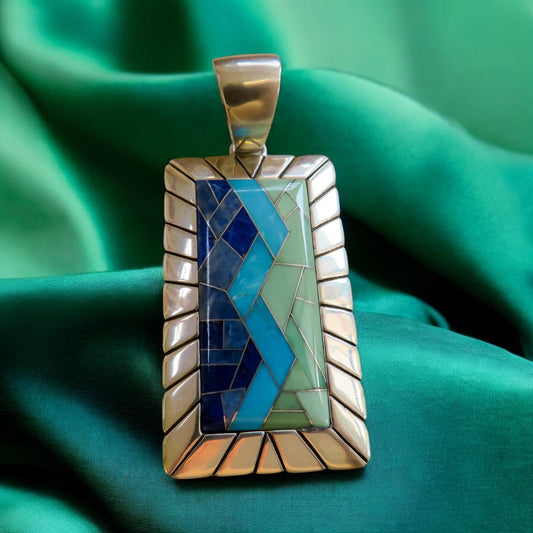 Rectangular Turquoise and Lapis Inlay Pendant in Sterling Silver