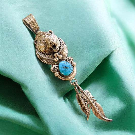 Native Silver and Turquoise Bear and Feather Pendant