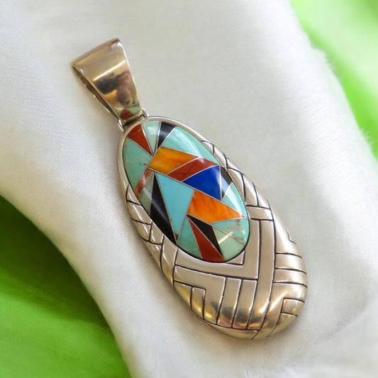 Gemstone Inlay Silver Pendant