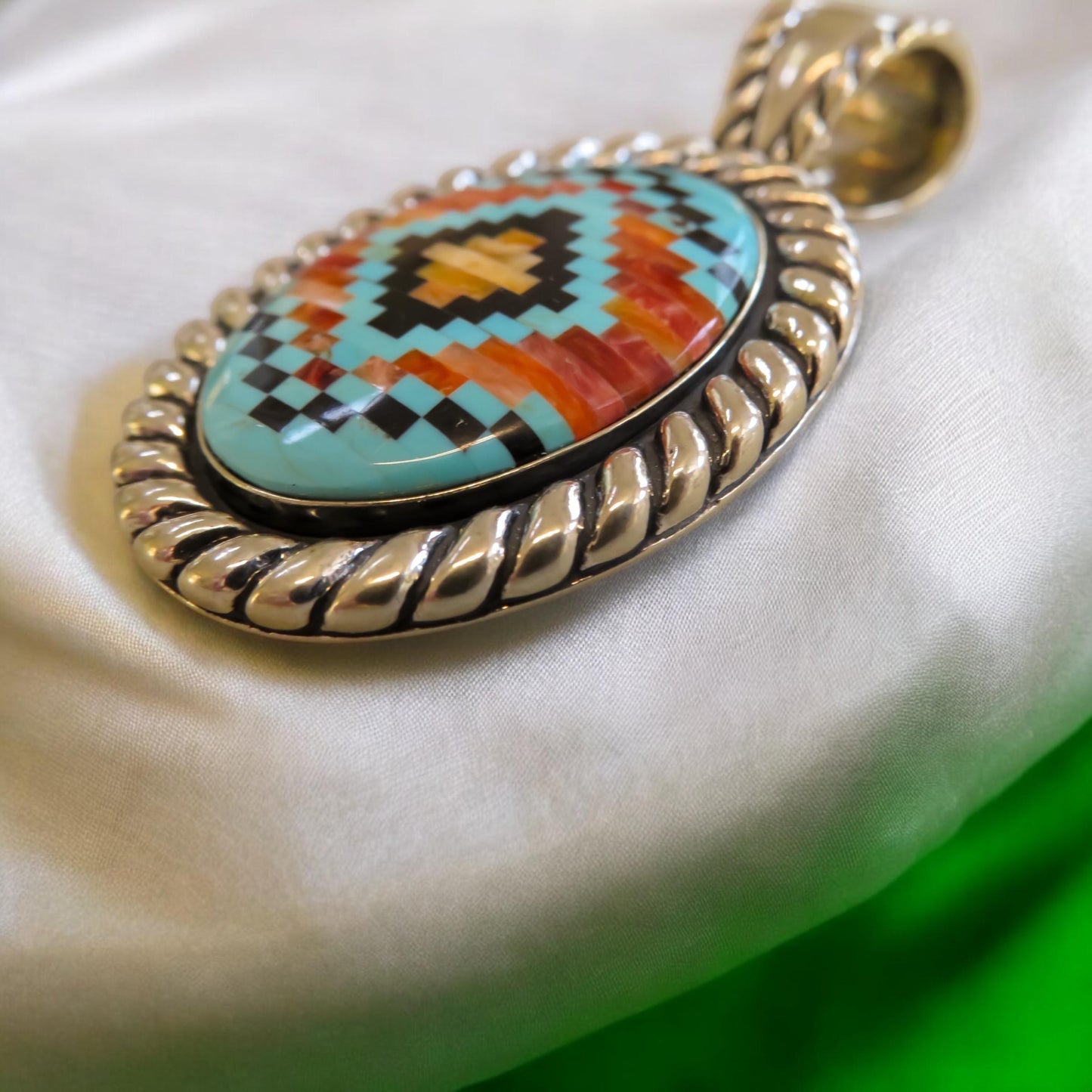 Southwestern Style Turquoise and Silver Inlay Pendant