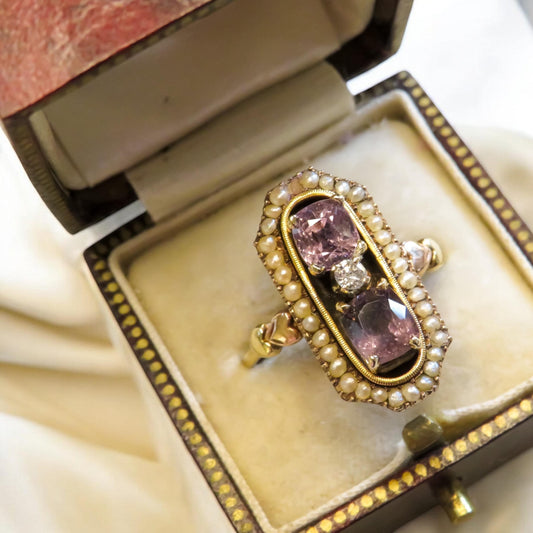 Purple Sapphire, Diamond, and Pearl Art Deco Ring