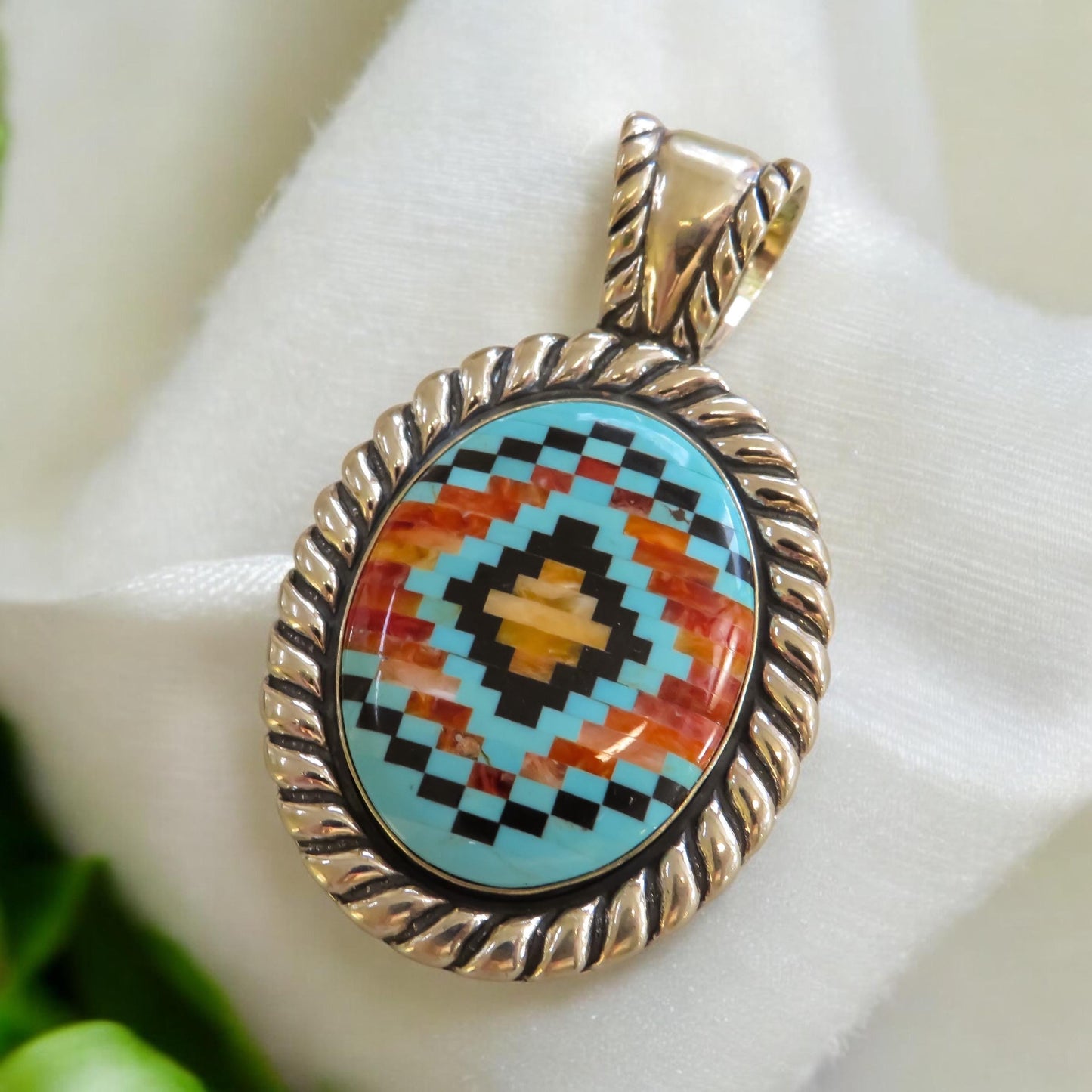 Southwestern Style Turquoise and Silver Inlay Pendant