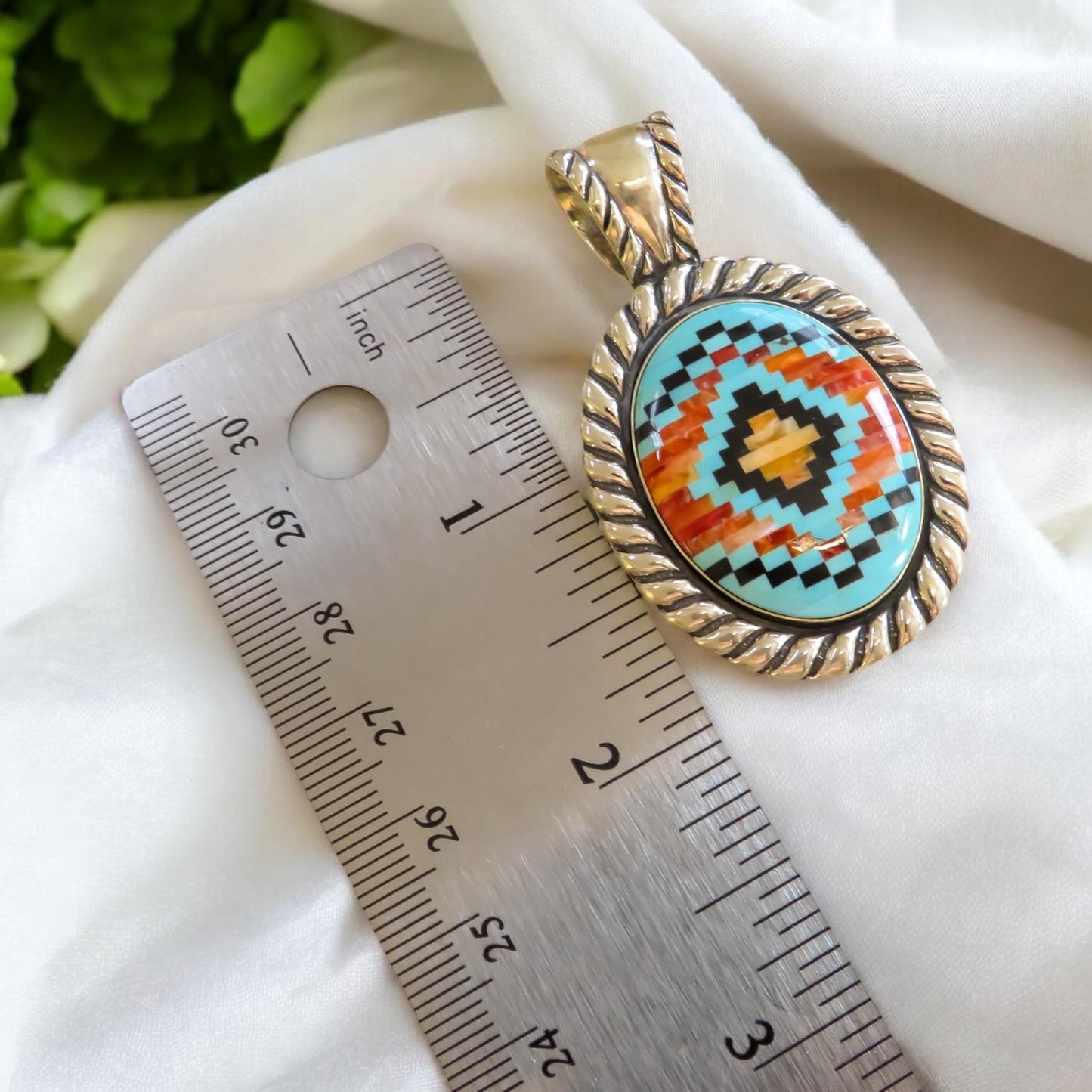 Southwestern Style Turquoise and Silver Inlay Pendant