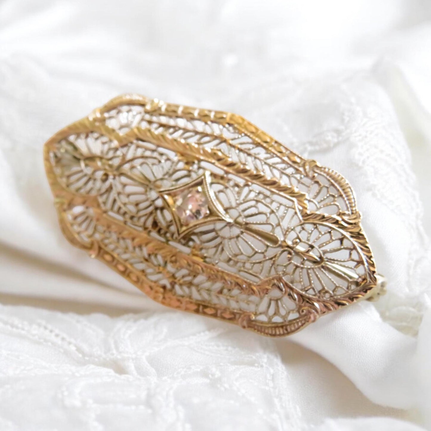 Art Deco Filigree Brooch with Diamond Center