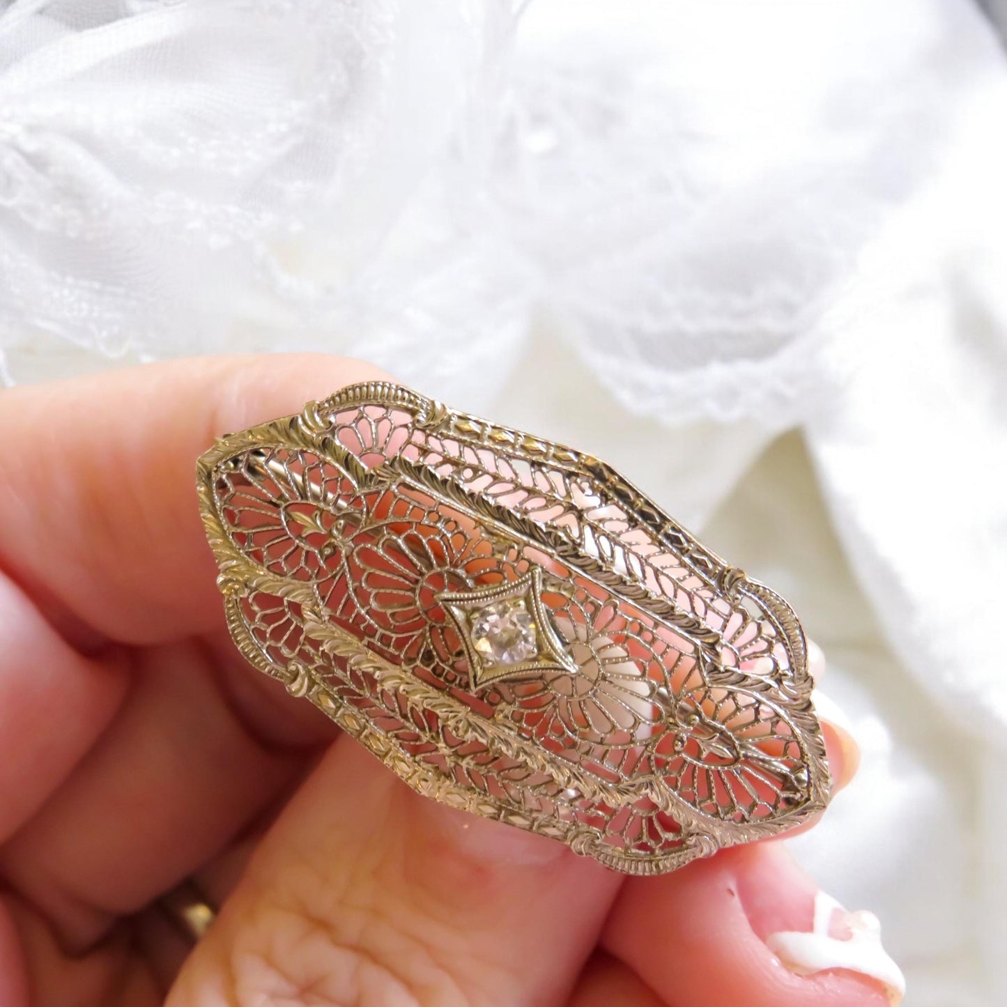 Art Deco Filigree Brooch with Diamond Center