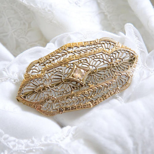 Art Deco Filigree Brooch with Diamond Center