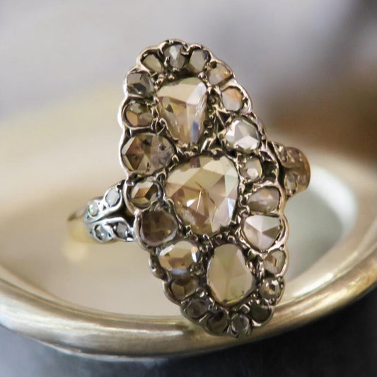 Antique Rose Cut Diamond Shield Ring in Silver and 15K Gold