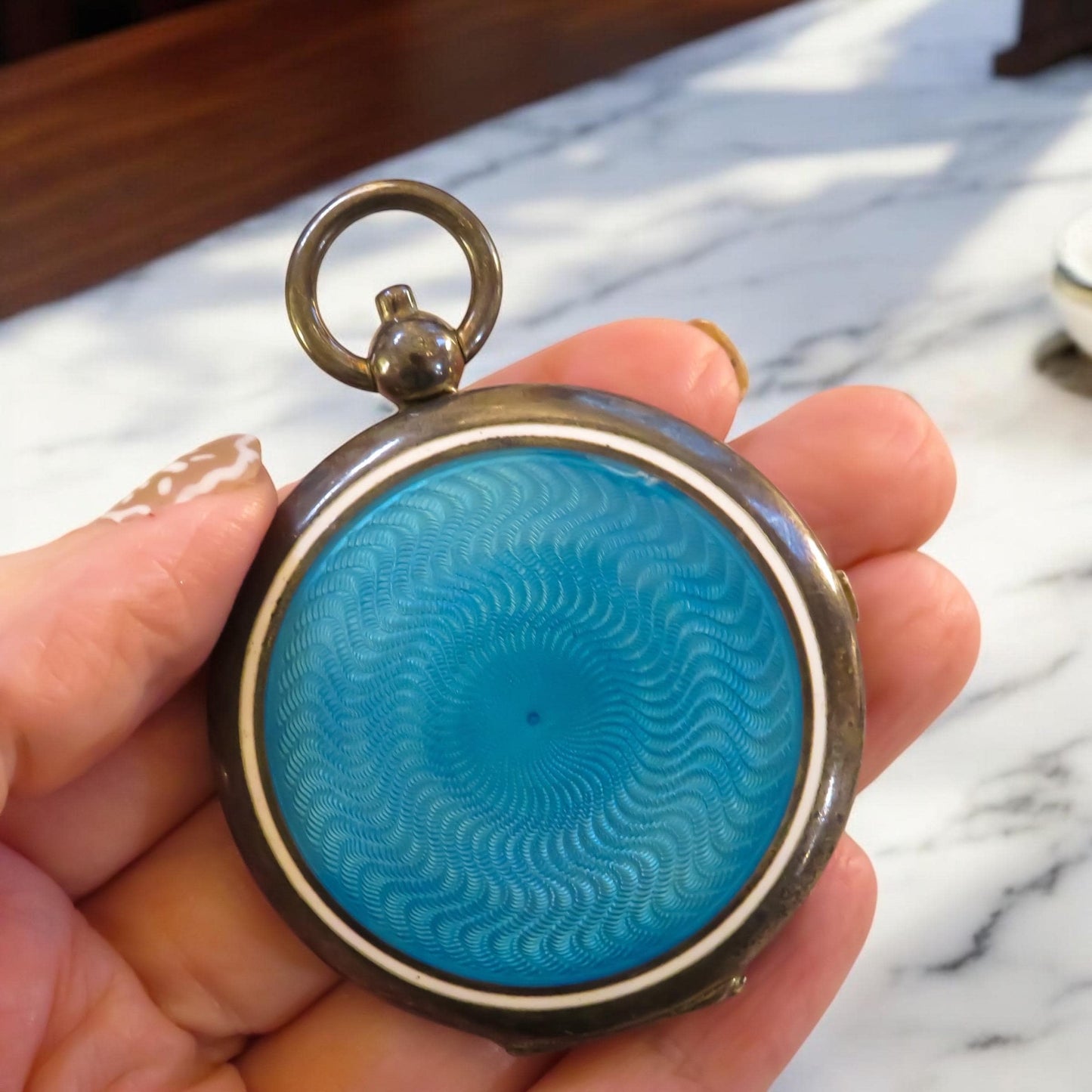 Antique Silver and Guilloche Enamel Pocket Mirror Compact