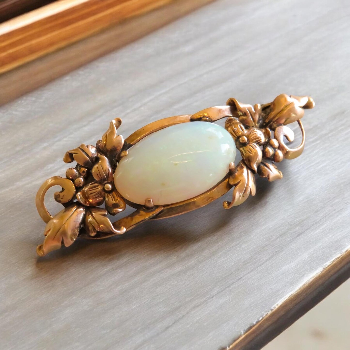 Art Nouveau Opal and Floral 14K Gold Brooch