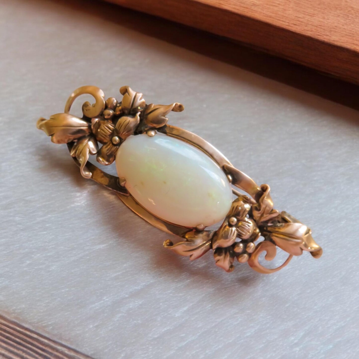 Art Nouveau Opal and Floral 14K Gold Brooch