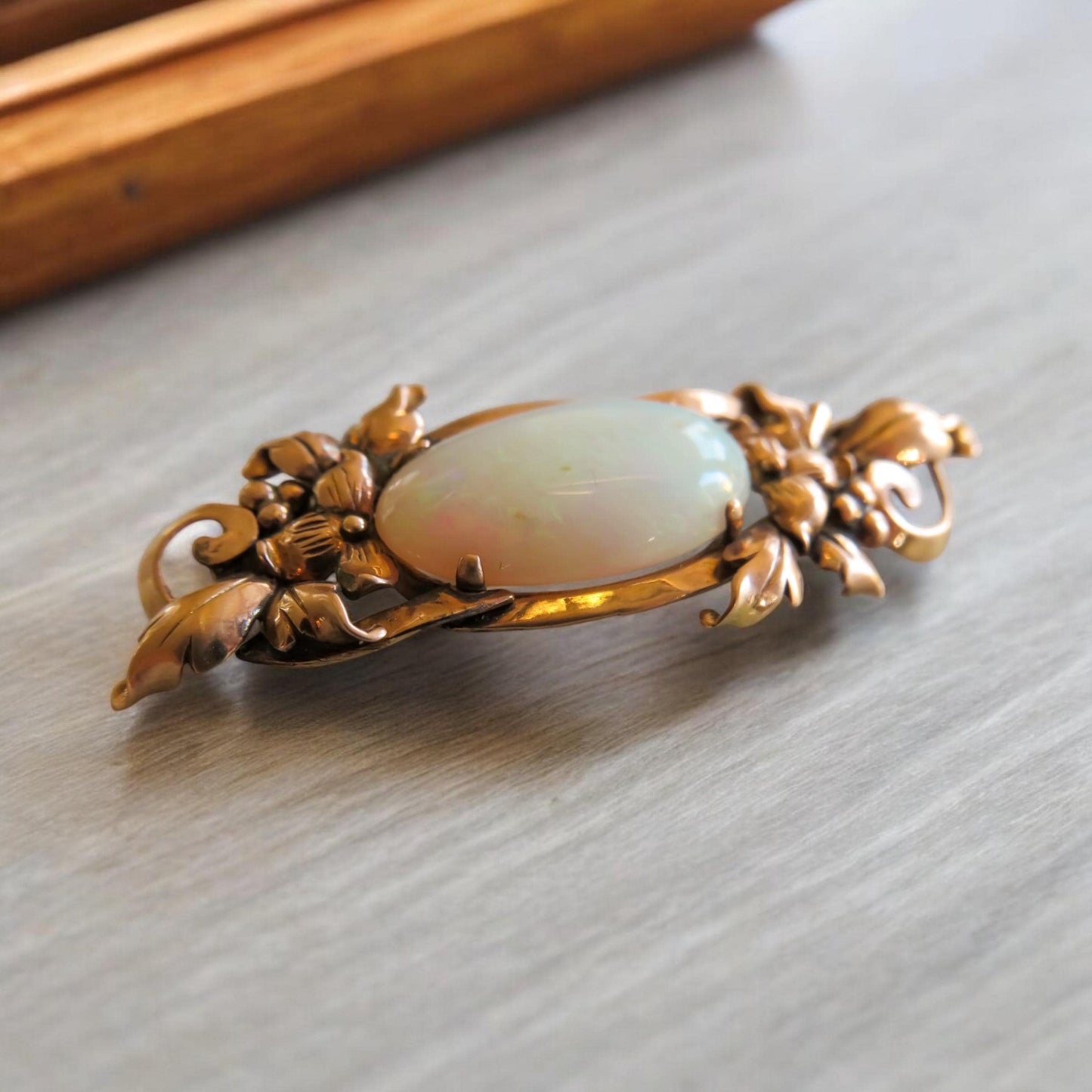 Art Nouveau Opal and Floral 14K Gold Brooch