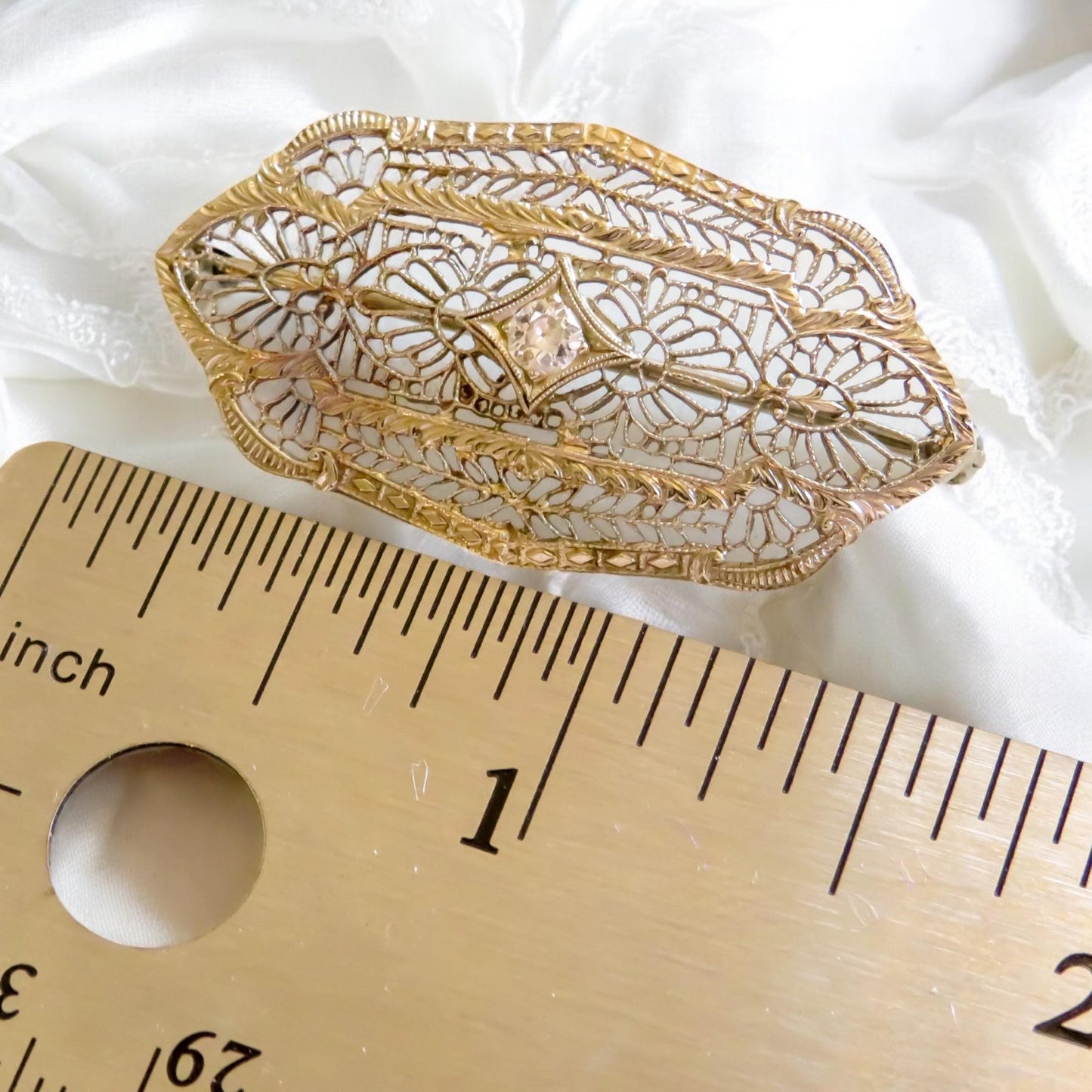 Art Deco Filigree Brooch with Diamond Center