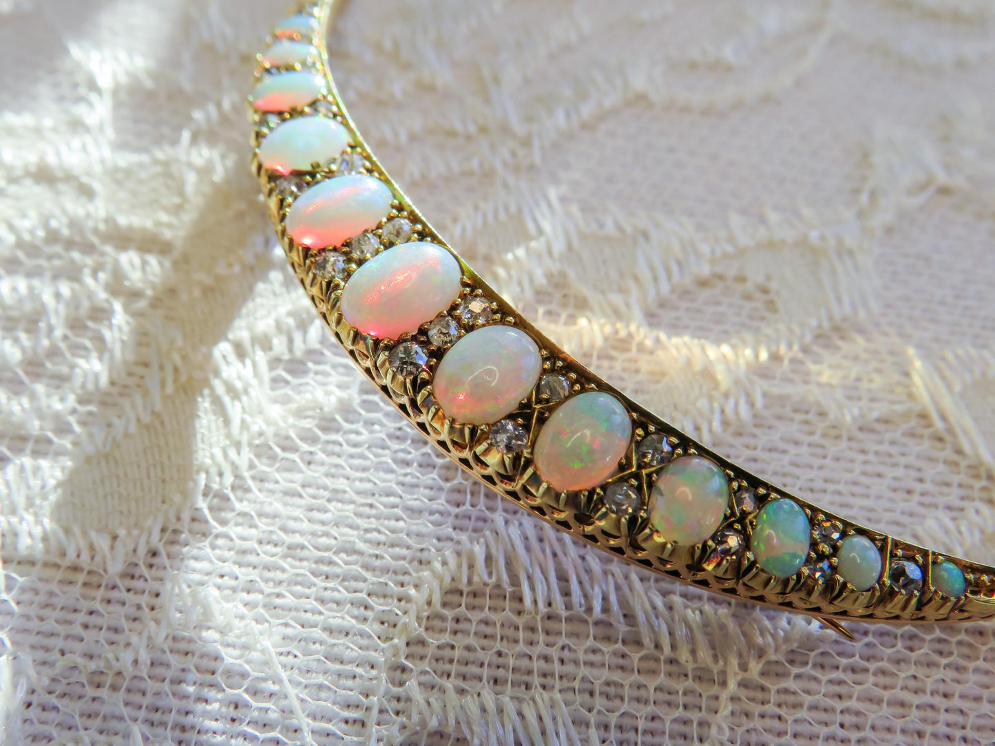 Victorian Era Opal and Diamond Crescent Brooch