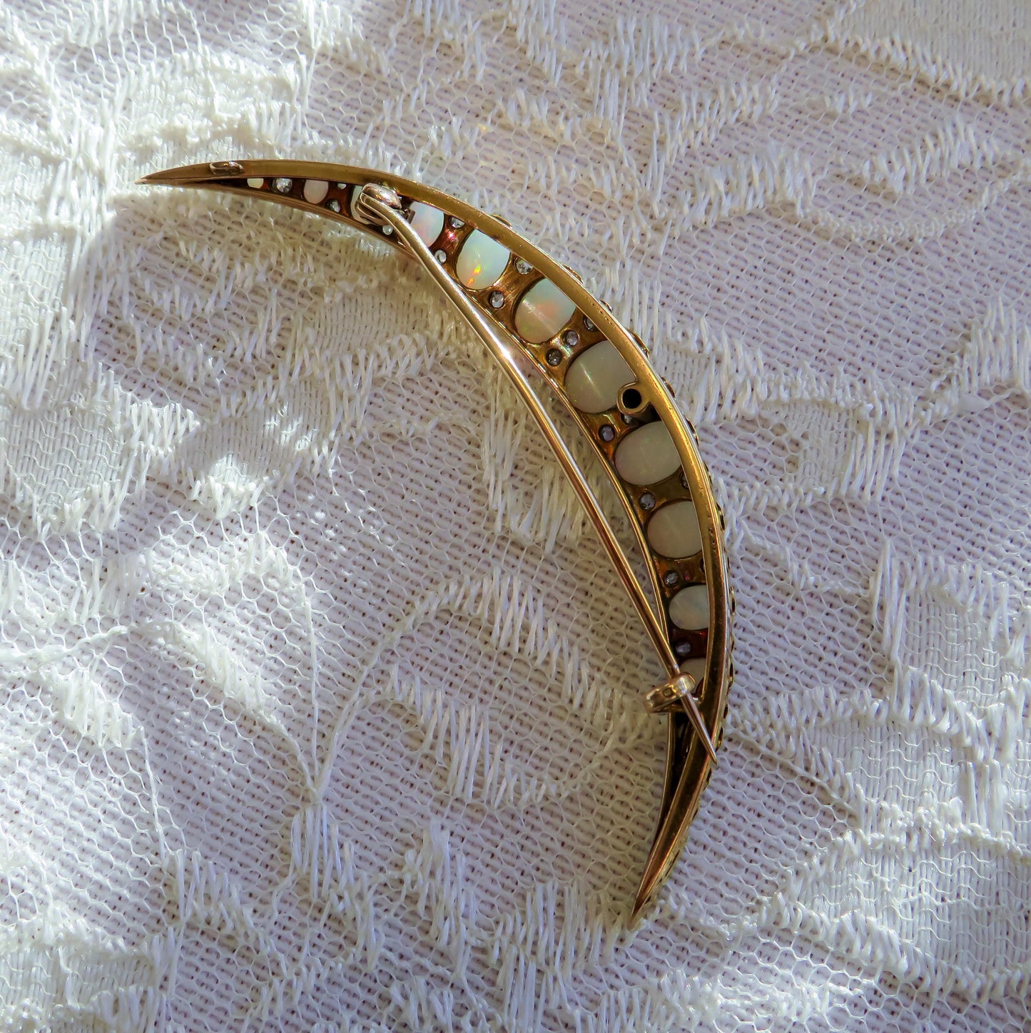 Victorian Era Opal and Diamond Crescent Brooch