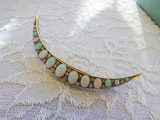 Victorian Era Opal and Diamond Crescent Brooch