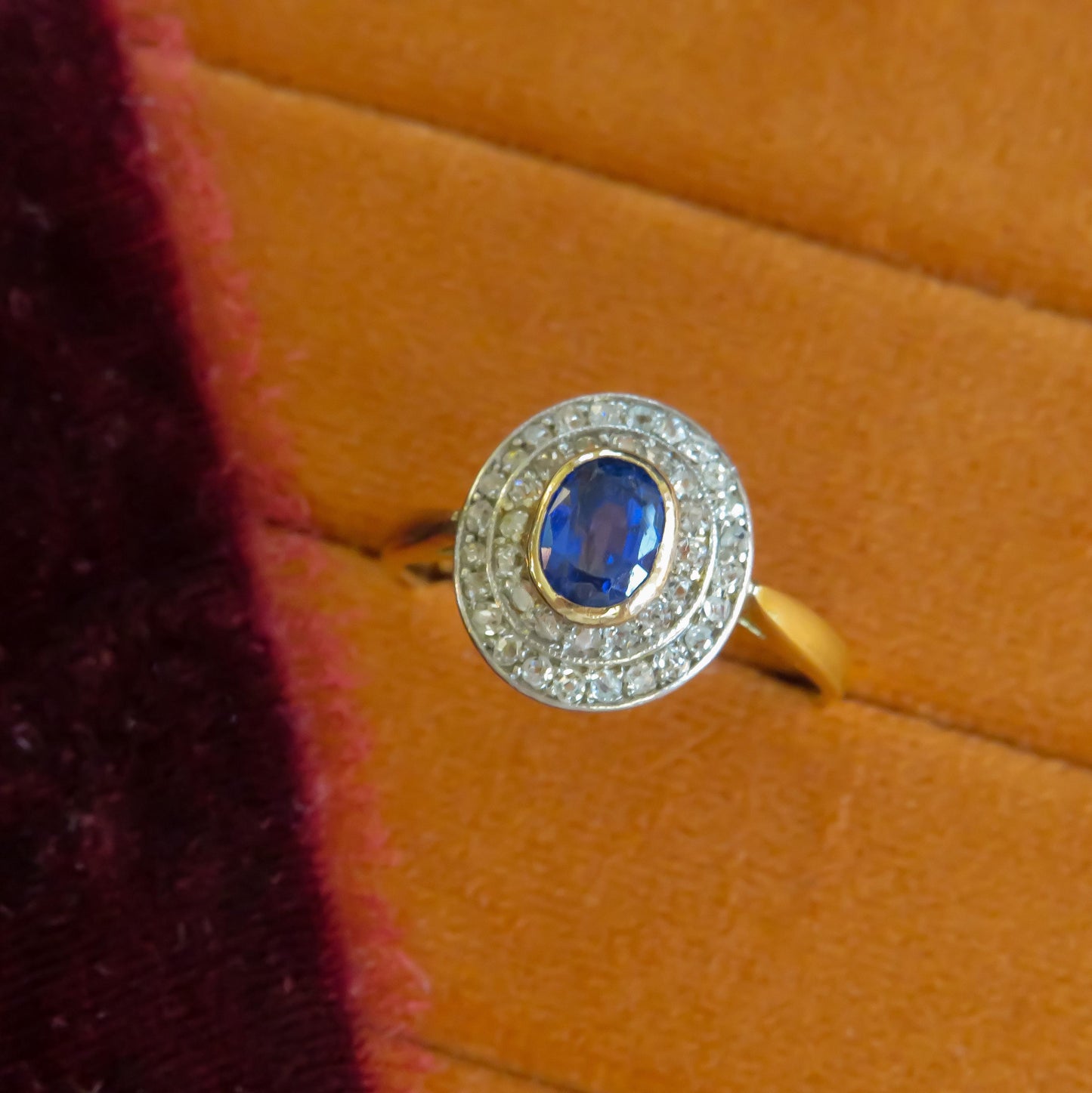 Edwardian Period Sapphire and Old Cut Diamond Halo