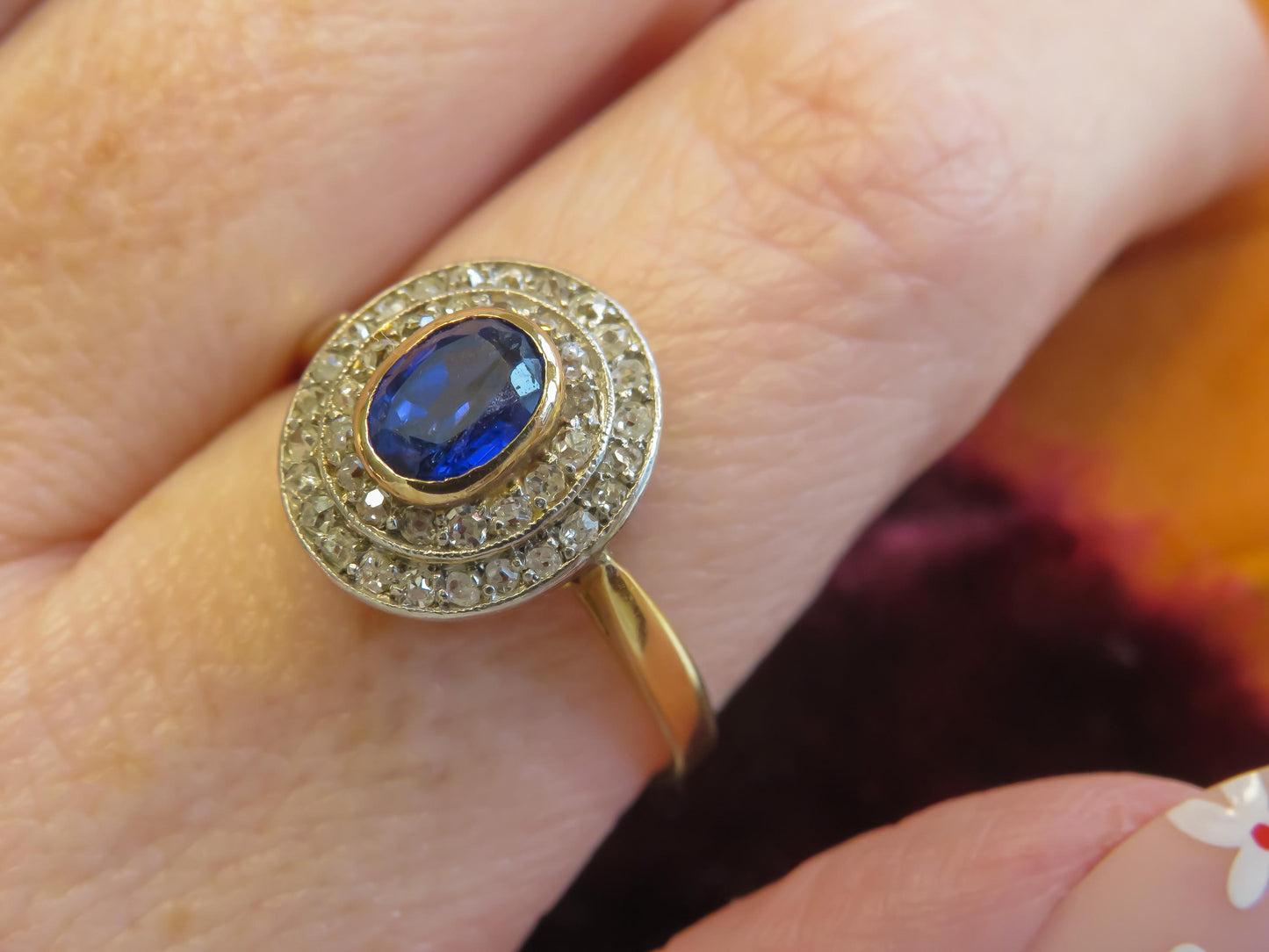 Edwardian Period Sapphire and Old Cut Diamond Halo