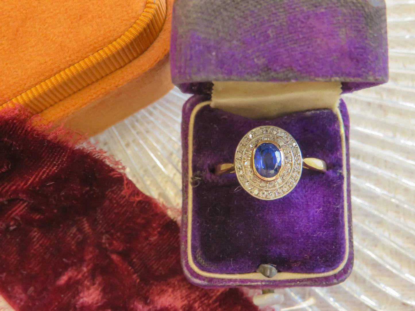 Edwardian Period Sapphire and Old Cut Diamond Halo