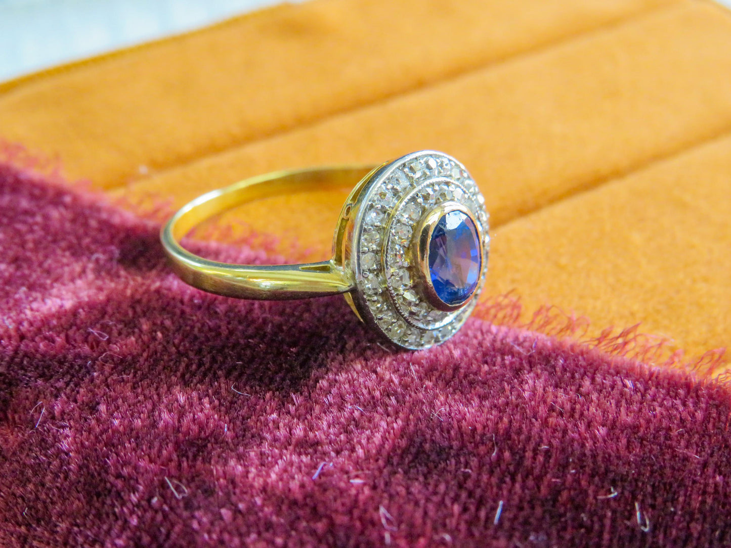 Edwardian Period Sapphire and Old Cut Diamond Halo