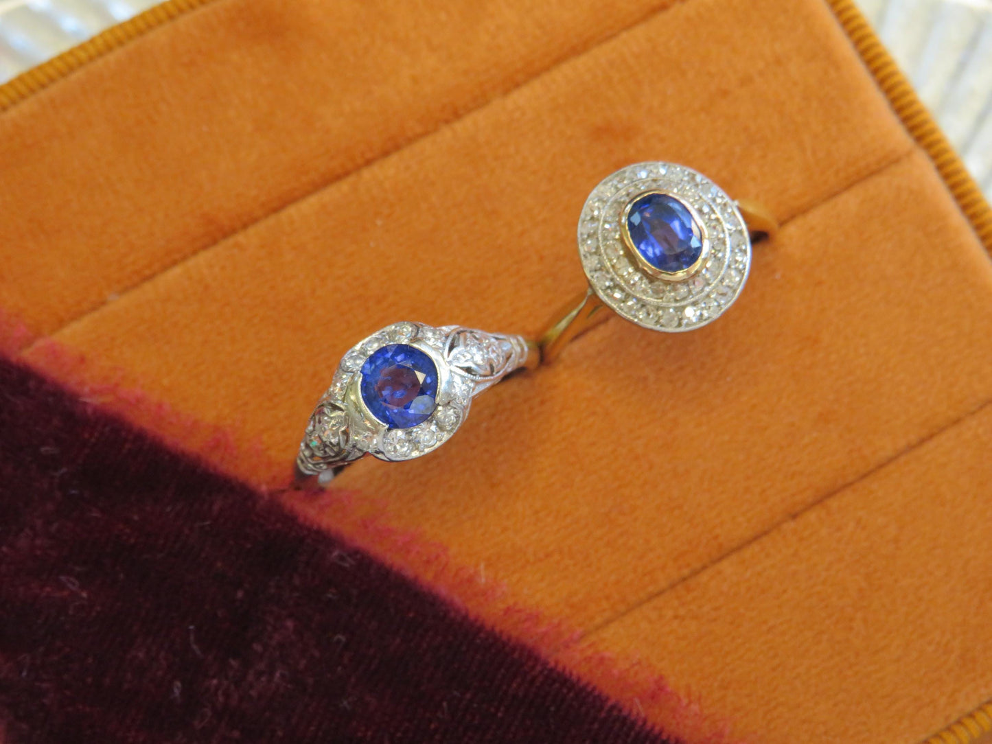 Edwardian Period Sapphire and Old Cut Diamond Halo