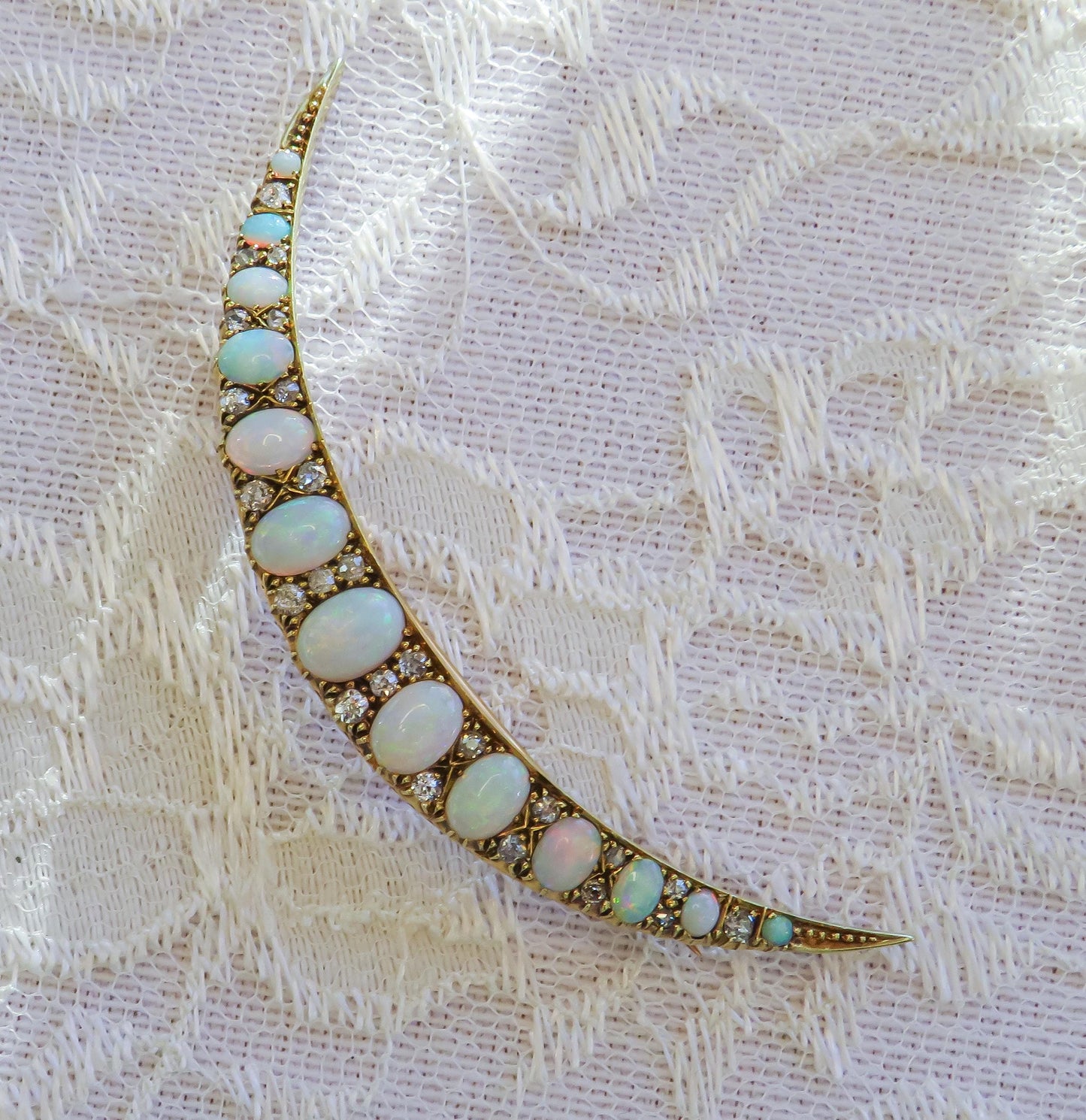 Victorian Era Opal and Diamond Crescent Brooch