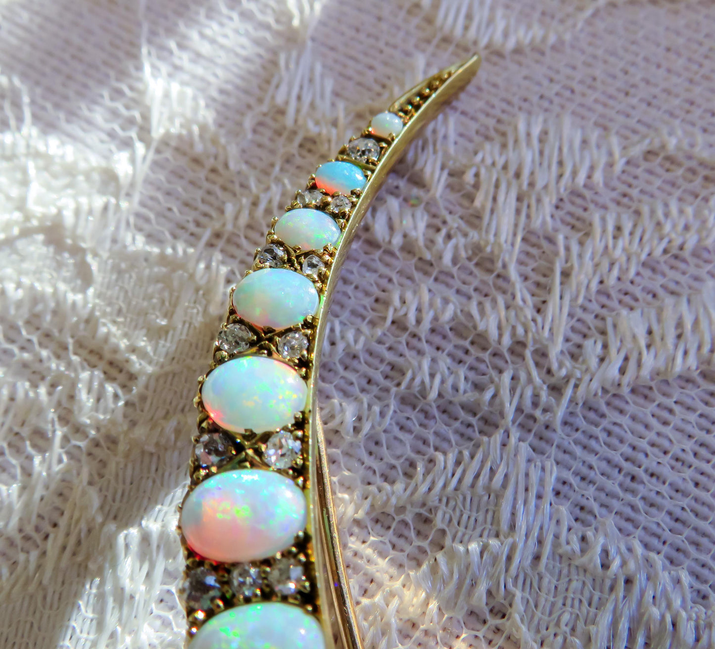 Victorian Era Opal and Diamond Crescent Brooch