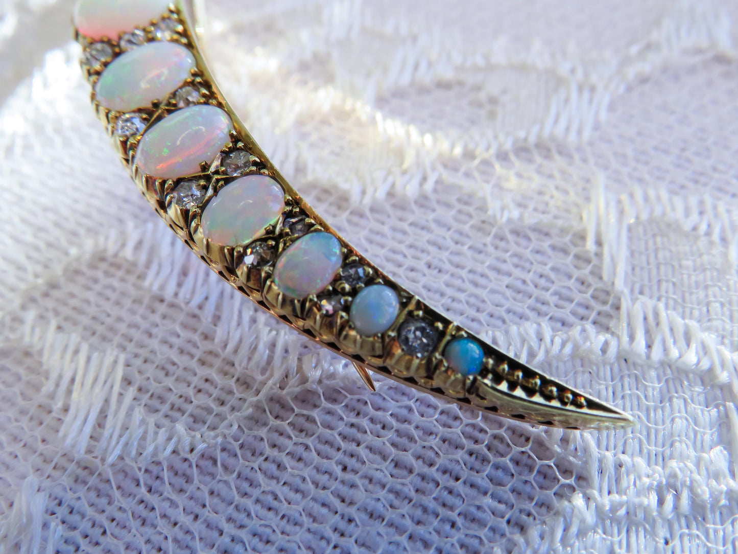 Victorian Era Opal and Diamond Crescent Brooch