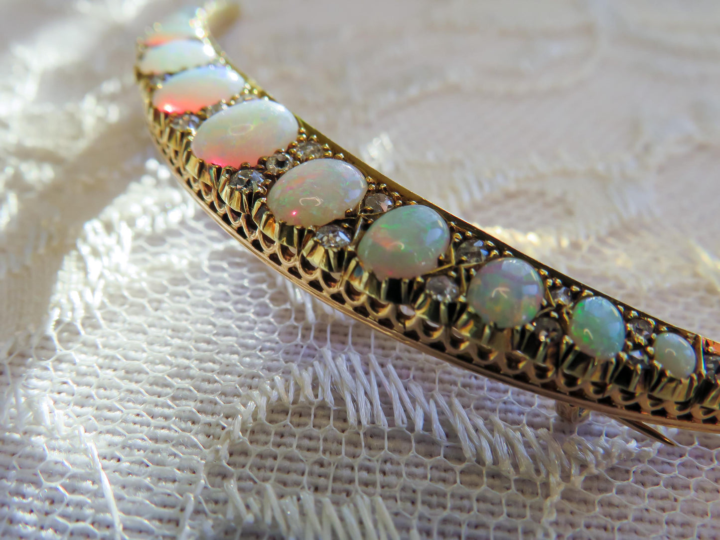 Victorian Era Opal and Diamond Crescent Brooch