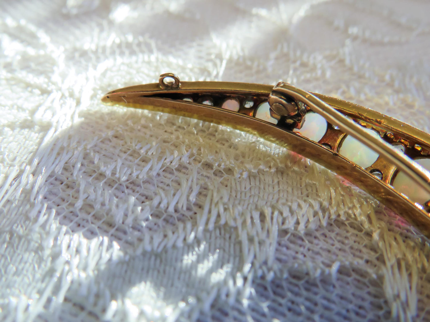 Victorian Era Opal and Diamond Crescent Brooch