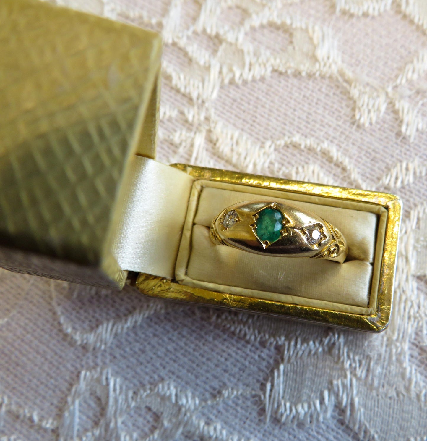 Flush Set Emerald and Old Mine Diamond Ring in 18K Gold