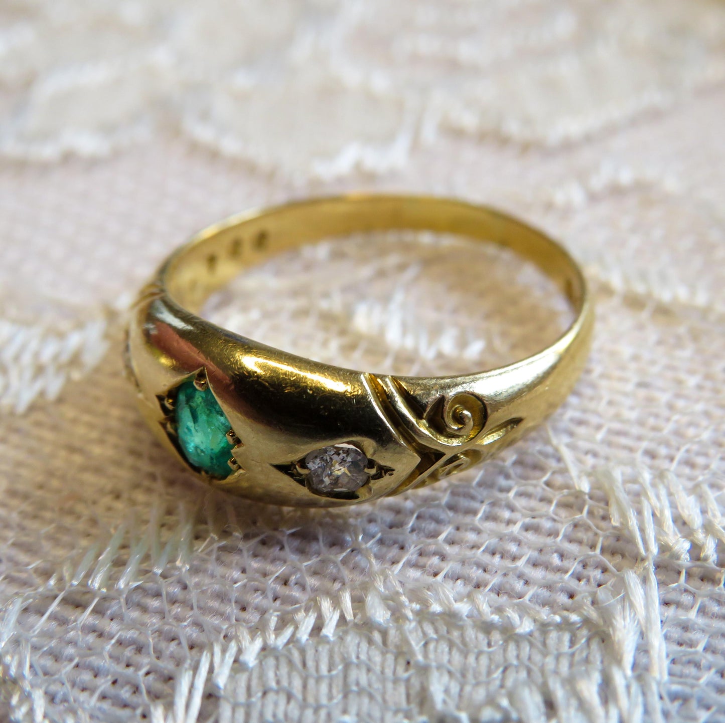 Flush Set Emerald and Old Mine Diamond Ring in 18K Gold