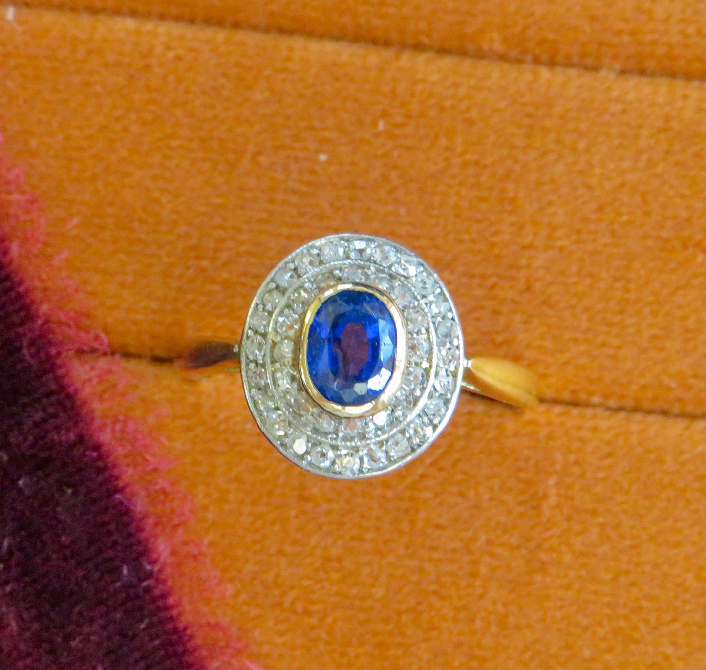 Edwardian Period Sapphire and Old Cut Diamond Halo