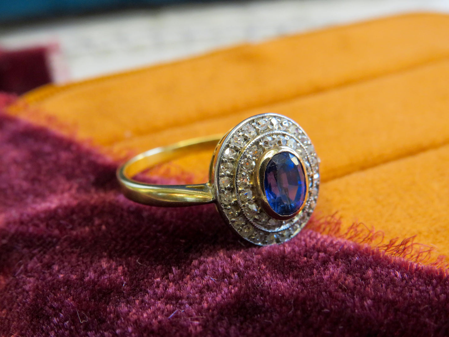 Edwardian Period Sapphire and Old Cut Diamond Halo