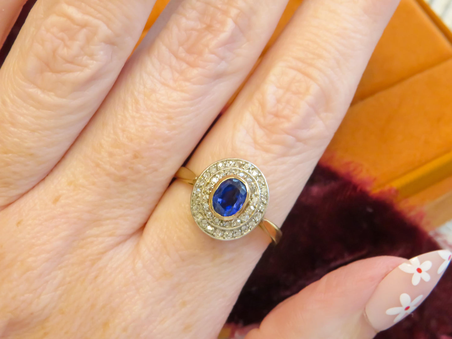 Edwardian Period Sapphire and Old Cut Diamond Halo