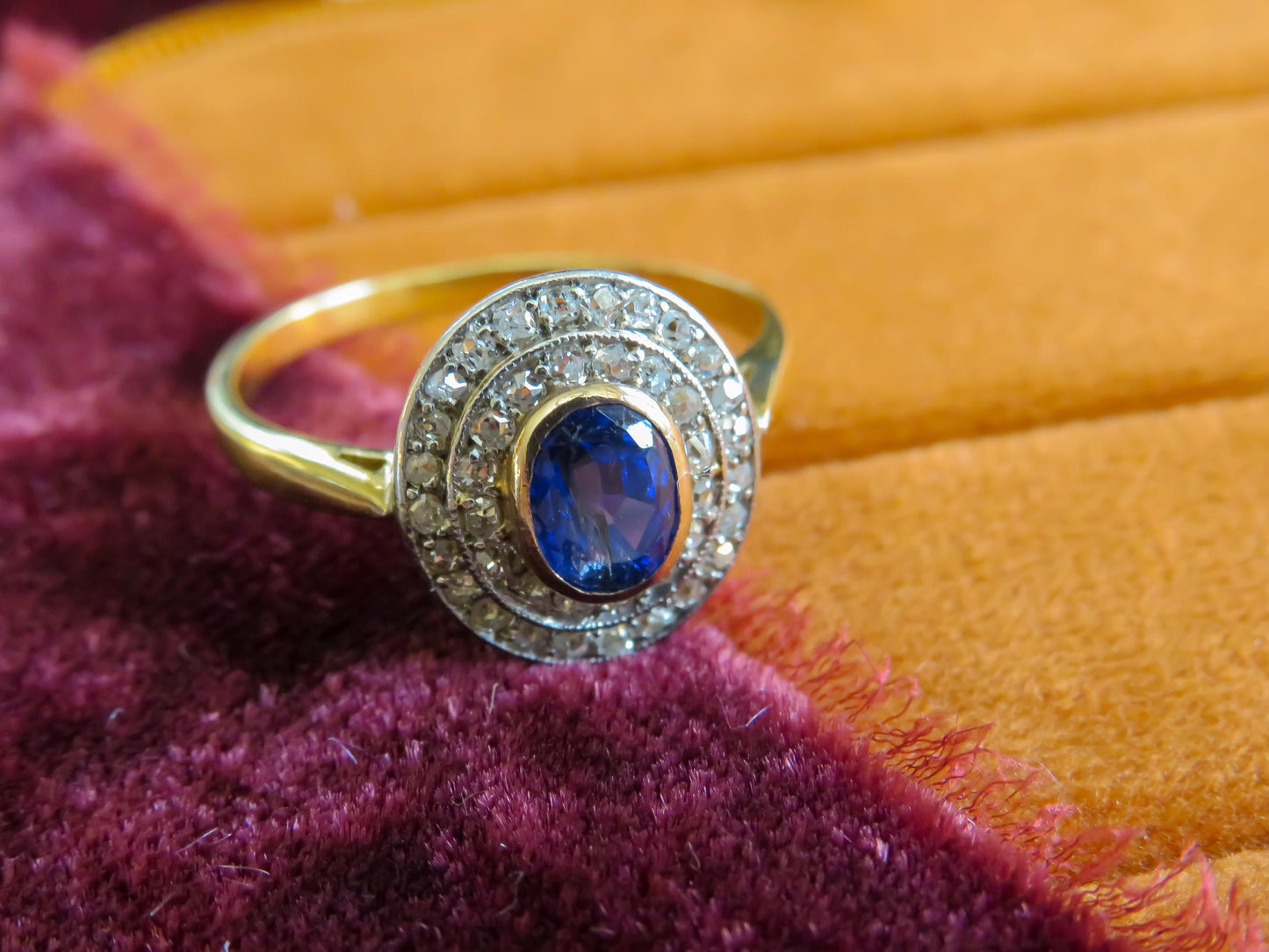 Edwardian Period Sapphire and Old Cut Diamond Halo