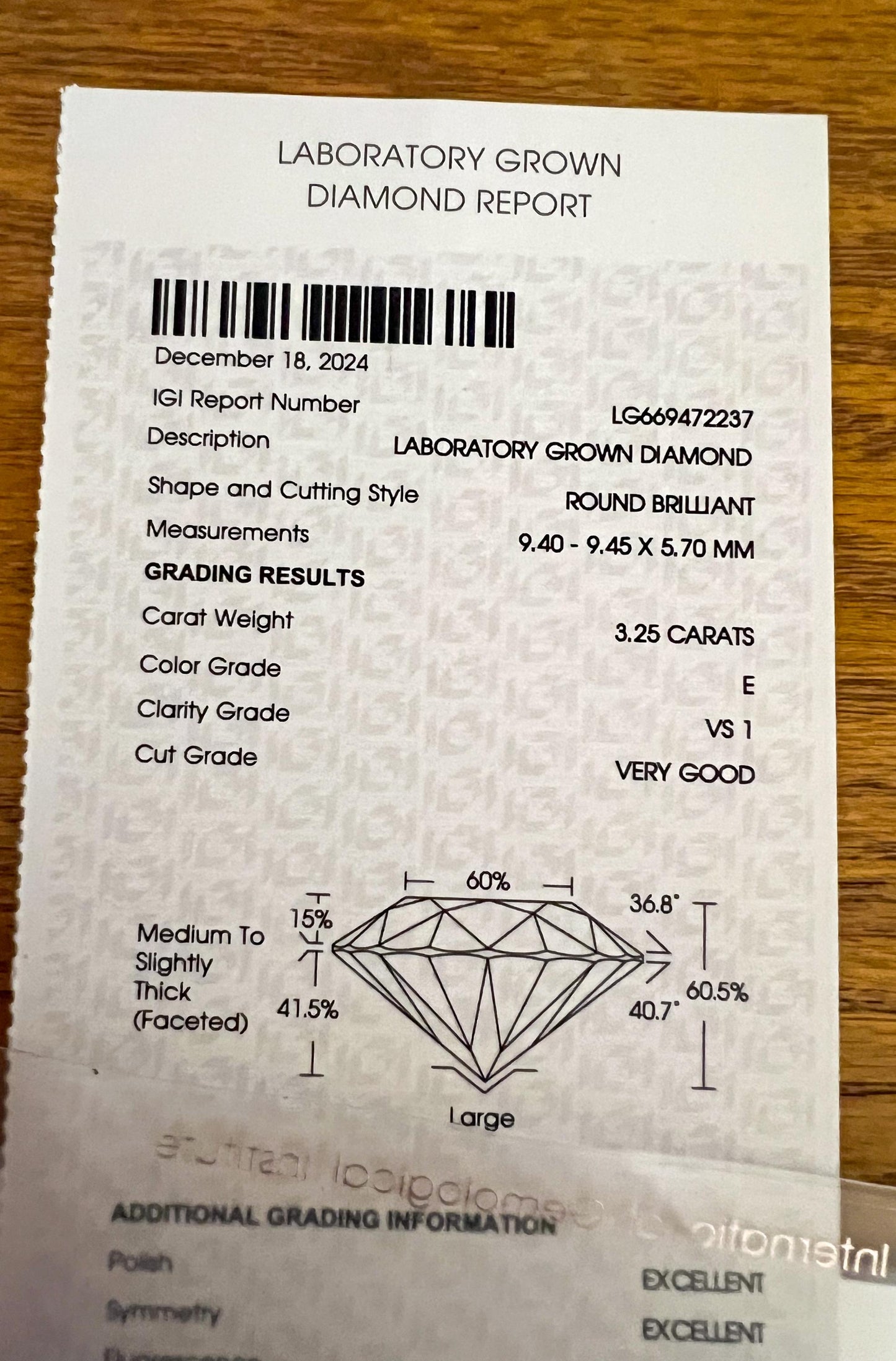 3.25 Carat Lab Grown Old European Cut Solitiare IGI Certified