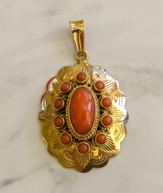 18K Yellow Gold and Coral Antique Pendant